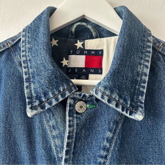 Vintage Tommy Hilfiger Blue Denim Jacket with Red and White Logo - Picture 2 of 16